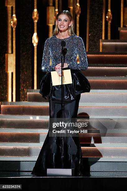 Faith Hill speaks onstage during the 50th annual CMA Awards at the Bridgestone Arena on November 2, 2016 in Nashville, Tennessee.