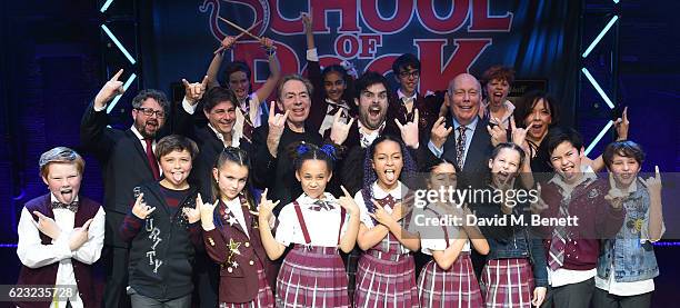 Laurence Connor, Glenn Slater, Sir Andrew Lloyd Webber, David Fynn, Julian Fellowes, Ann M Hunter and young cast members backstage at the press night...