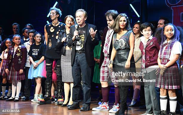 Sir Andrew Lloyd Webber, David Fynn, Preeya Kalidas and cast members backstage at the press night performance of "School Of Rock: The Musical" at The...