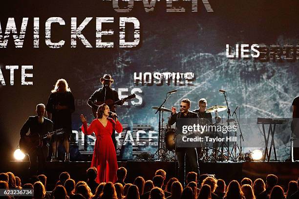 Rhiannon Giddens and Eric Church perform onstage during the 50th annual CMA Awards at the Bridgestone Arena on November 2, 2016 in Nashville,...