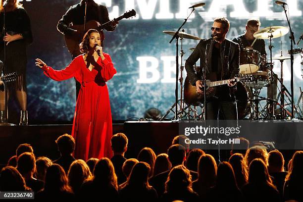 Rhiannon Giddens and Eric Church perform onstage during the 50th annual CMA Awards at the Bridgestone Arena on November 2, 2016 in Nashville,...