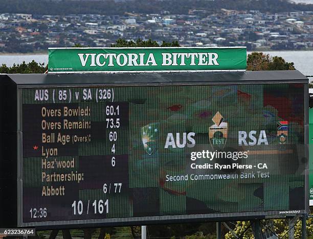 The scoreboard is seen at the end of play during day four of the Second Test match between Australia and South Africa at Blundstone Arena on November...