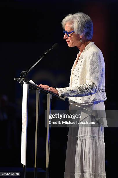 And President, Worldwide Orphans Foundation Dr. Jane Aronson speaks on stage during Worldwide Orphans 12th Annual Gala at Cipriani Wall Street on...