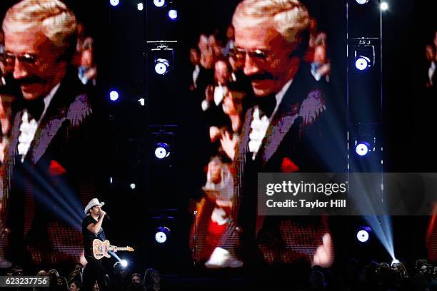 Brad Paisley performs onstage during the 50th annual CMA Awards at the Bridgestone Arena on November 2, 2016 in Nashville, Tennessee.