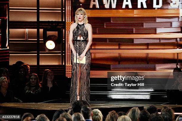 Taylor Swift speaks onstage during the 50th annual CMA Awards at the Bridgestone Arena on November 2, 2016 in Nashville, Tennessee.