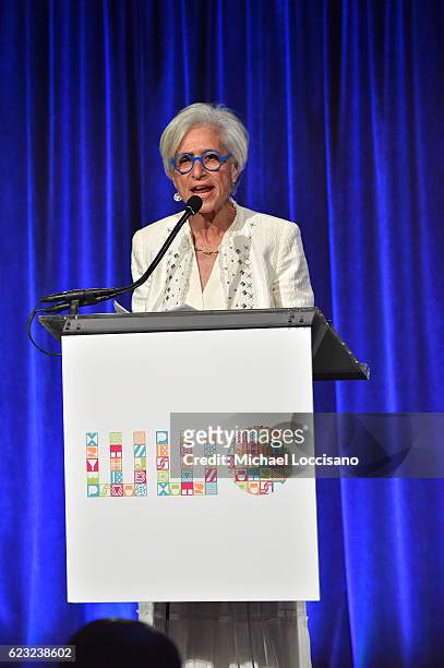 And President, Worldwide Orphans Foundation Dr. Jane Aronson speaks on stage during Worldwide Orphans 12th Annual Gala at Cipriani Wall Street on...