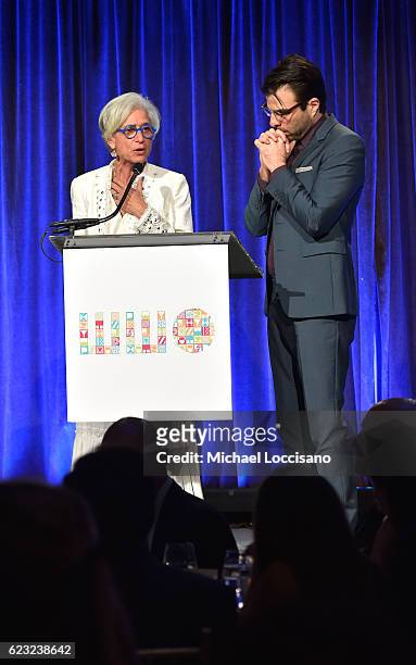 And President, Worldwide Orphans Foundation Dr. Jane Aronson and actor Zachary Quinto speak on stage during Worldwide Orphans 12th Annual Gala at...