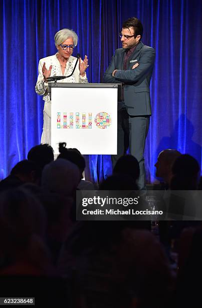 And President, Worldwide Orphans Foundation Dr. Jane Aronson and actor Zachary Quinto speak on stage during Worldwide Orphans 12th Annual Gala at...