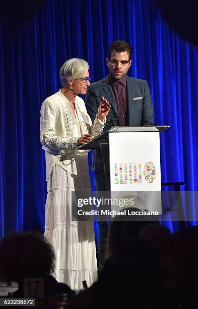 And President, Worldwide Orphans Foundation Dr. Jane Aronson and actor Zachary Quinto speak on stage during Worldwide Orphans 12th Annual Gala at...