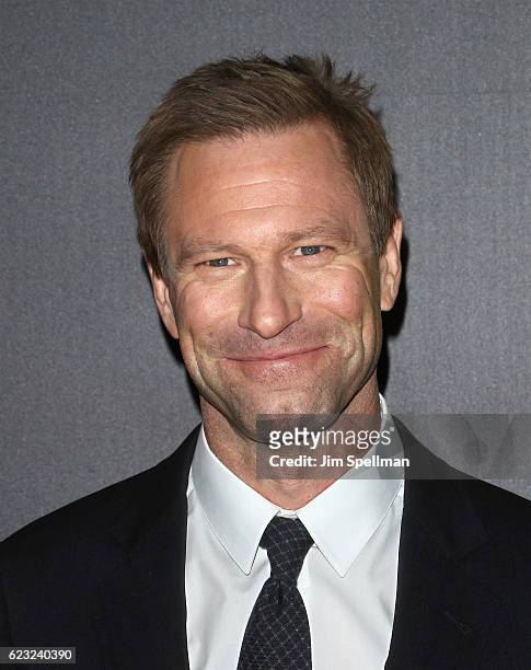 Actor Aaron Eckhart attends the premiere of "Bleed For This" hosted by Open Road with Men's Fitness at AMC Lincoln Square Theater on November 14,...