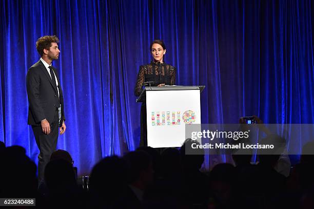 Honorees Jed Walentas and Kate Engelbrecht speak on stage during Worldwide Orphans 12th Annual Gala at Cipriani Wall Street on November 14, 2016 in...