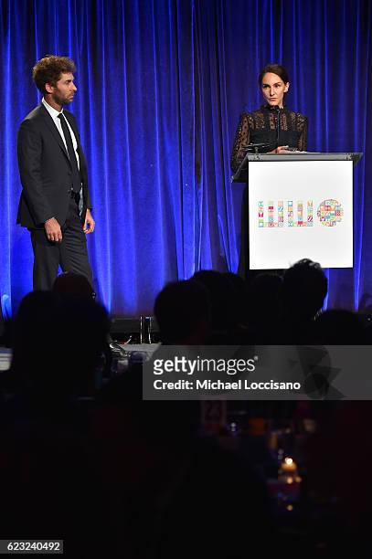 Honorees Jed Walentas and Kate Engelbrecht speak on stage during Worldwide Orphans 12th Annual Gala at Cipriani Wall Street on November 14, 2016 in...