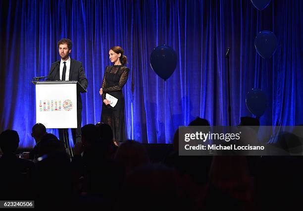 Honorees Jed Walentas and Kate Engelbrecht speak on stage during Worldwide Orphans 12th Annual Gala at Cipriani Wall Street on November 14, 2016 in...