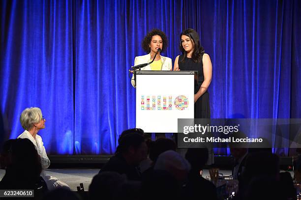 Actors, comedians, writers Abbi Jacobson and Ilana Glazer speak on stage as CEO and President, Worldwide Orphans Foundation Dr. Jane Aronson looks on...