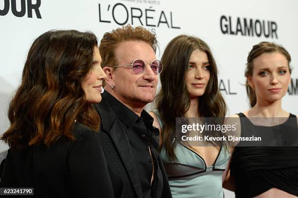 Alison Hewson, honoree Bono, actress Eve Hewson, and Jordan Hewson attend Glamour Women Of The Year 2016 at NeueHouse Hollywood on November 14, 2016...