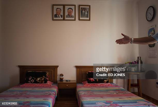 This photo taken on September 22, 2016 shows a girl's dormitory room at the Pyongyang International Football School in Pyongyang. Undaunted by...