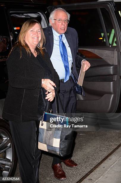 Jane O'Meara Sanders and United States Senator Bernie Sanders enter "The Late Show With Stephen Colbert" taping at the Ed Sullivan Theater on...
