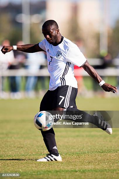 Ulrich Bapoh of Germany kicks the ball during the U18 international friendly match between Netherlands and Germany on November 14, 2016 in Salou,...