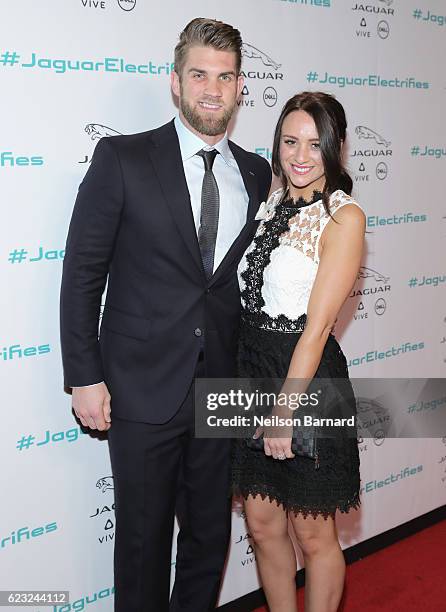 Professional baseball player Bryce Harper and Kayla Varner at the Jaguar Concept reveal, ahead of its global debut at the Los Angeles Auto Show, at...