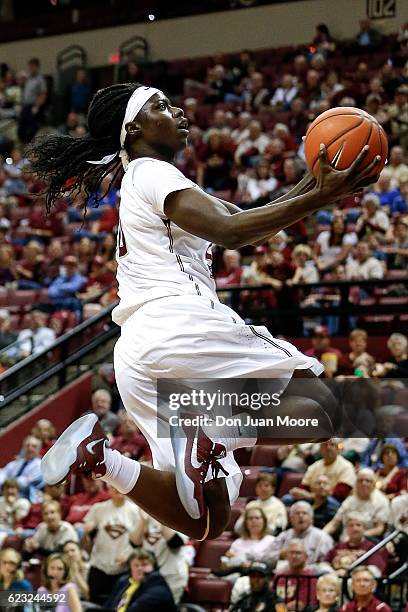 Forward Shakayla Thomas of the Florida State Seminoles goes in for a basket during the game against the Connecticut Huskies at the Donald L. Tucker...