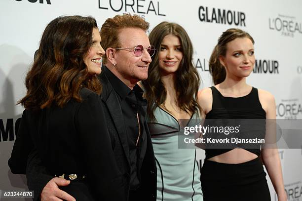 Alison Hewson, honoree Bono, actress Eve Hewson, and Jordan Hewson attend Glamour Women Of The Year 2016 at NeueHouse Hollywood on November 14, 2016...