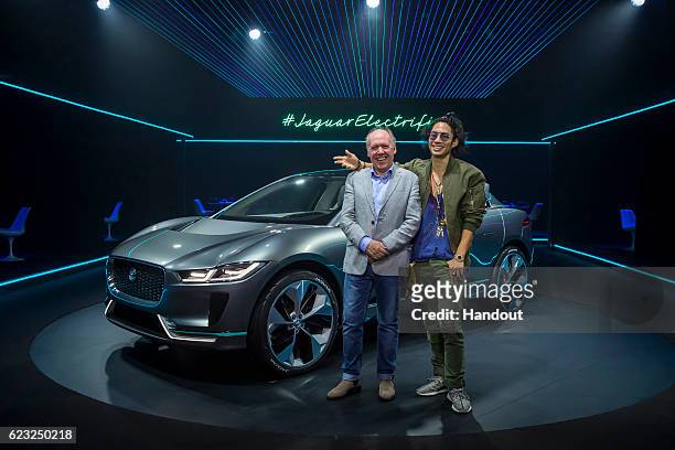 Jaguar Director of Design Ian Callum and actor/singer Vanness Wu with Jaguar's I-PACE Concept at Milk Studios on November 14, 2016 in Los Angeles,...