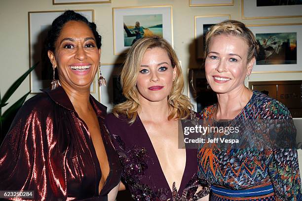 Host Tracee Ellis Ross, actress Elizabeth Banks, and TV personality Chelsea Handler pose in the green room at Glamour Women Of The Year 2016 at...
