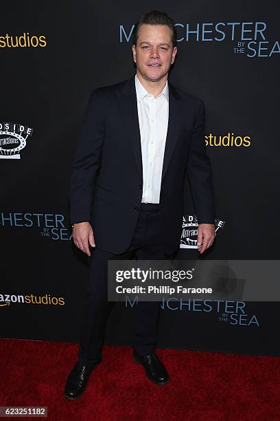 Actor and producer Matt Damon attends the premiere of Amazon Studios' "Manchester By The Sea" at Samuel Goldwyn Theater on November 14, 2016 in...