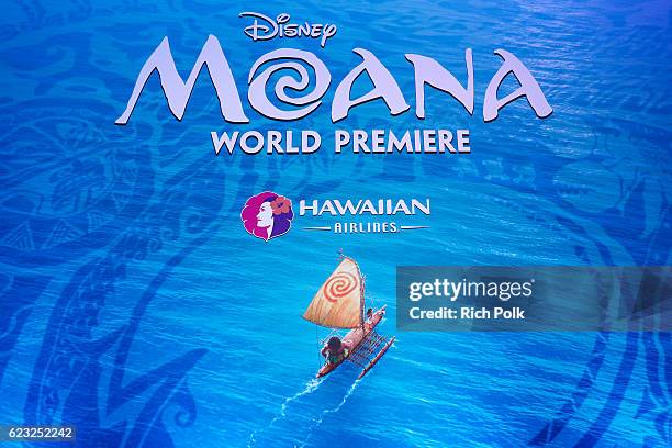View of the signage is seen at the Hawaiian Airlines booth at the world premiere of Disney's "Moana" at the El Capitan Theatre on November 14, 2016...
