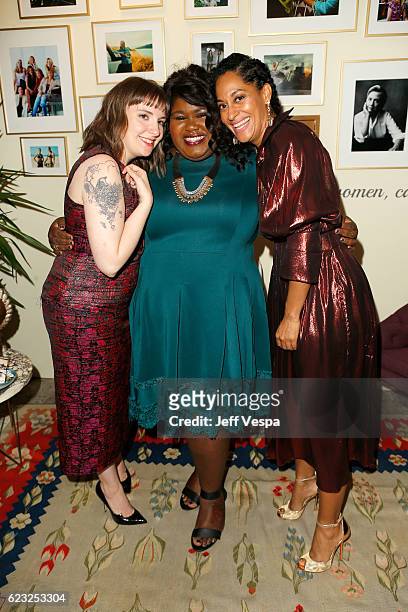 Actress/writer Lena Dunham, actress Gabourey Sidibe, and host Tracee Ellis Ross pose in the green room at Glamour Women Of The Year 2016 at NeueHouse...