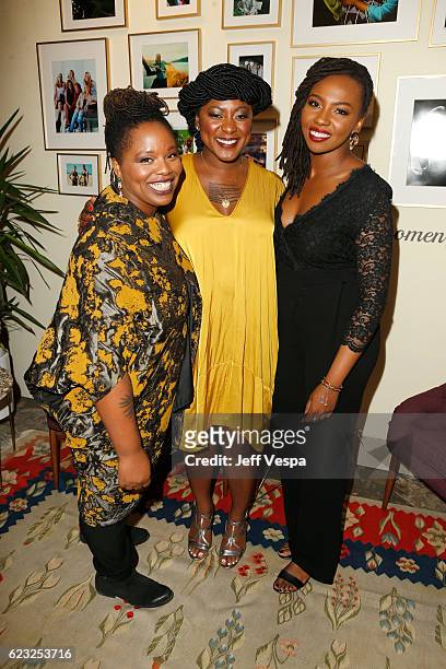 Honorees Patrisse Cullors, Alicia Garza, and Opal Tometi pose in the green room at Glamour Women Of The Year 2016 at NeueHouse Hollywood on November...
