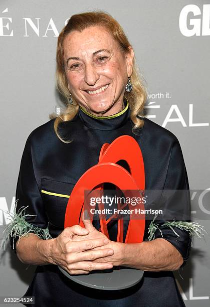 Honoree Muccia Prada poses with an award at Glamour Women Of The Year 2016 at NeueHouse Hollywood on November 14, 2016 in Los Angeles, California.