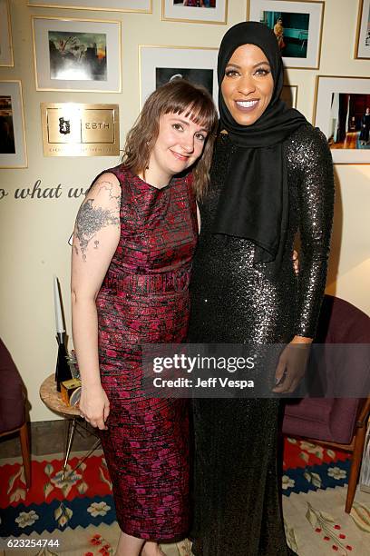 Actress Lena Dunham and Olympic fencer Ibtihaj Muhammad poses in the green room at Glamour Women Of The Year 2016 at NeueHouse Hollywood on November...