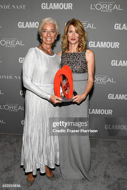 Honoree Christine Lagarde and actress Laura Dern attend Glamour Women Of The Year 2016 at NeueHouse Hollywood on November 14, 2016 in Los Angeles,...