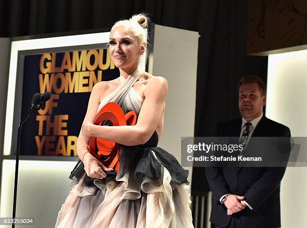 Honoree Gwen Stefan accepts award from tv personality James Corden onstage during Glamour Women Of The Year 2016 at NeueHouse Hollywood on November...