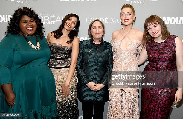Actors Gabourey Sidibe and Freida Pinto, honoree Michele Dauber and actors Amber Heard and Lena Dunham attend Glamour Women Of The Year 2016 at...