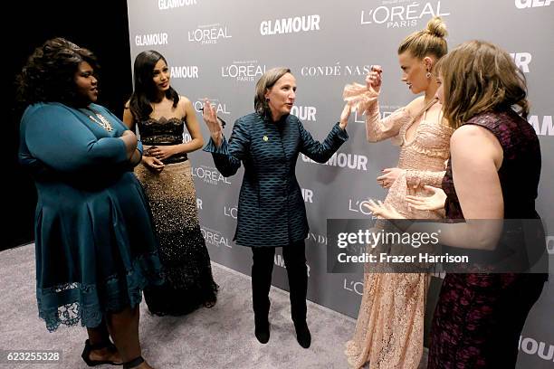 Actors Gabourey Sidibe and Freida Pinto, honoree Michele Dauber and actors Amber Heard and Lena Dunham attend Glamour Women Of The Year 2016 at...