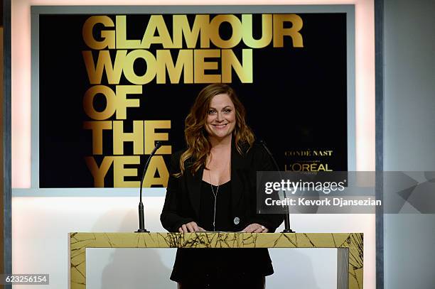 Actress/Comedienne Amy Poehler speaks onstage during Glamour Women Of The Year 2016 at NeueHouse Hollywood on November 14, 2016 in Los Angeles,...