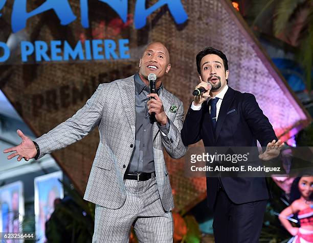 Actor Dwayne Johnson and songwriter Lin-Manuel Miranda perform onstage at The World Premiere of Disneys "MOANA" at the El Capitan Theatre on Monday,...