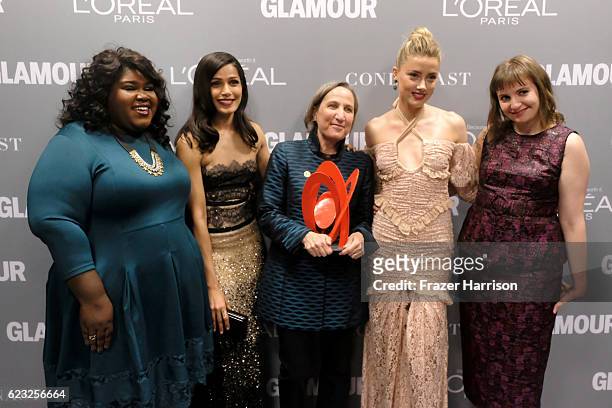 Actors Gabourey Sidibe and Freida Pinto, honoree Michele Dauber and actors Amber Heard and Lena Dunham attend Glamour Women Of The Year 2016 at...