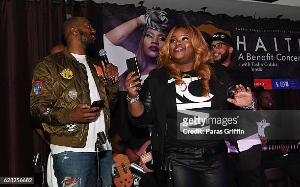 Isaac Carree, Tasha Cobbs, and James Fortune onstage at Tasha Cobbs Presents A Benefit Concert For Haiti at Suite Lounge on November 14, 2016 in...
