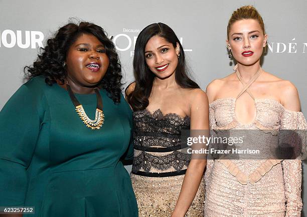 Actresses Gabourey Sidibe, Freida Pinto and Amber Heard attend Glamour Women Of The Year 2016 at NeueHouse Hollywood on November 14, 2016 in Los...