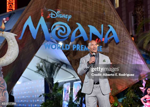 Actor Dwayne Johnson speaks onstage at The World Premiere of Disneys "MOANA" at the El Capitan Theatre on Monday, November 14, 2016 in Hollywood, CA.