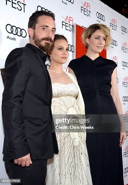 Director Pablo Larrain and actresses Natalie Portman and Greta Gerwig attend the premiere of 'Jackie' at AFI Fest 2016, presented by Audi at The...