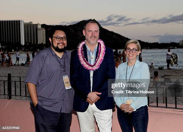 Anderson Le, Robert Lambeth and Anna Page attend the closing night reception of the Hawaii International Film Festival 2016 at The Royal Hawaiian on...