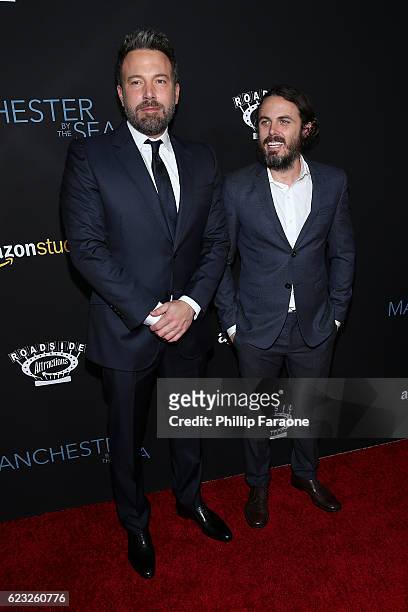 Actors Ben Affleck and Casey Affleck attend the premiere of Amazon Studios' "Manchester By The Sea" at Samuel Goldwyn Theater on November 14, 2016 in...