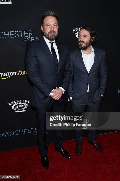 Actors Ben Affleck and Casey Affleck attend the premiere of Amazon Studios' "Manchester By The Sea" at Samuel Goldwyn Theater on November 14, 2016 in...