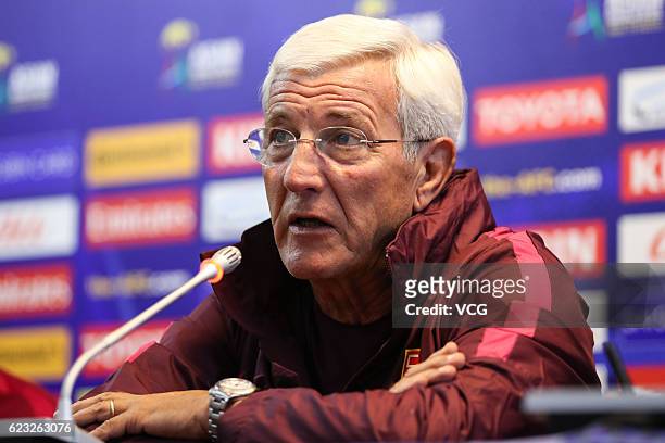 China's head coach Marcello Lippi attends a press conference the day before the World Cup 2018 Asia qualifying football match between China and Qatar...