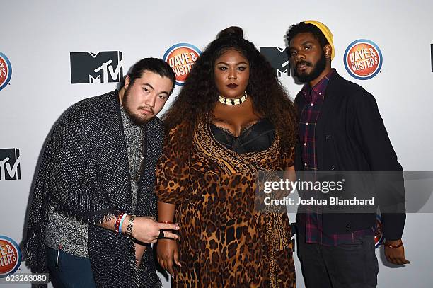 Matt FX Feldman, Lizzo and Myke Wright arrive at MTV's "Teen Wolf" and "Sweet/Vicious" Premiere Event on November 14, 2016 in Los Angeles, California.
