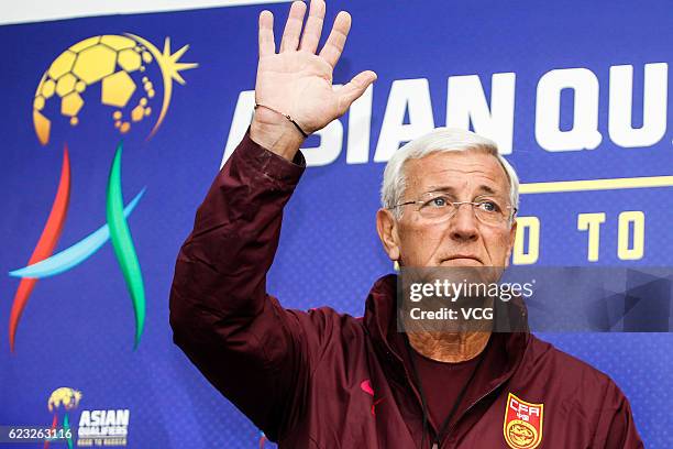 China's head coach Marcello Lippi attends a press conference the day before the World Cup 2018 Asia qualifying football match between China and Qatar...